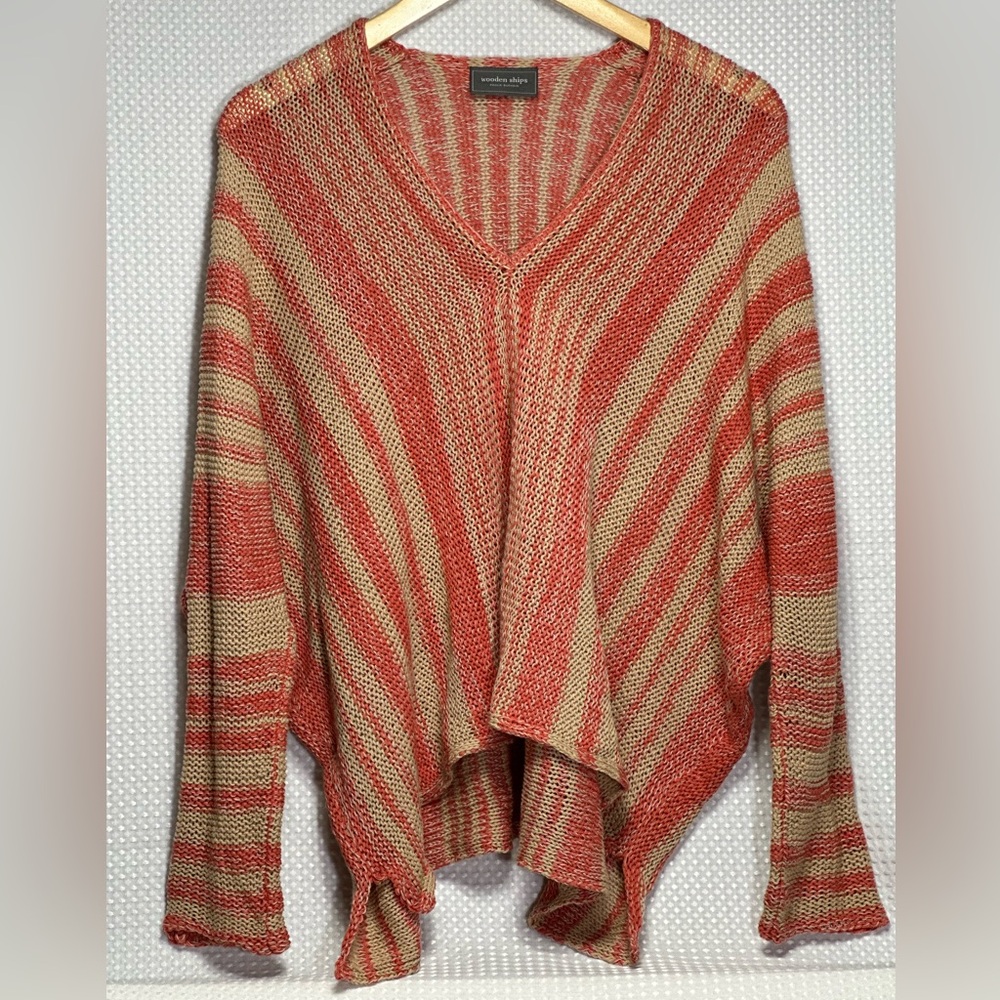 WOODEN SHIPS BEACHCOMBER TOP COTTON SEA RANCH CORAL/PANAMA TAN SIZE S/M